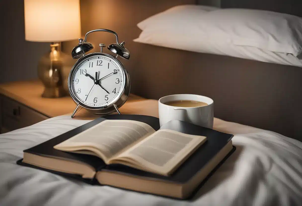 A cozy bedroom with soft, warm lighting. A bedside table holds a book titled "20 Tips for Better Sleep." A clock on the wall reads 10:00 PM