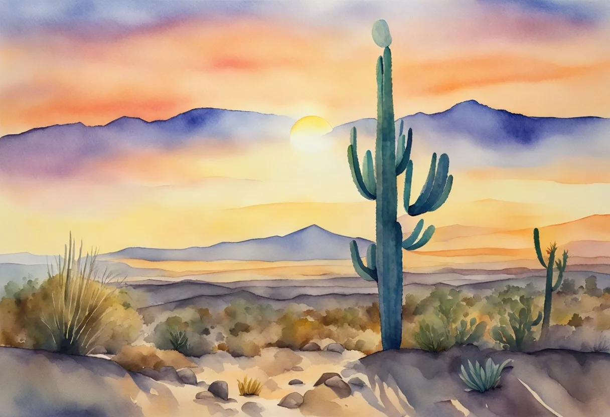 The sun sets behind a barren desert landscape. A lone cactus stands tall against the fading light, symbolizing the passing of time during a 24-hour fast