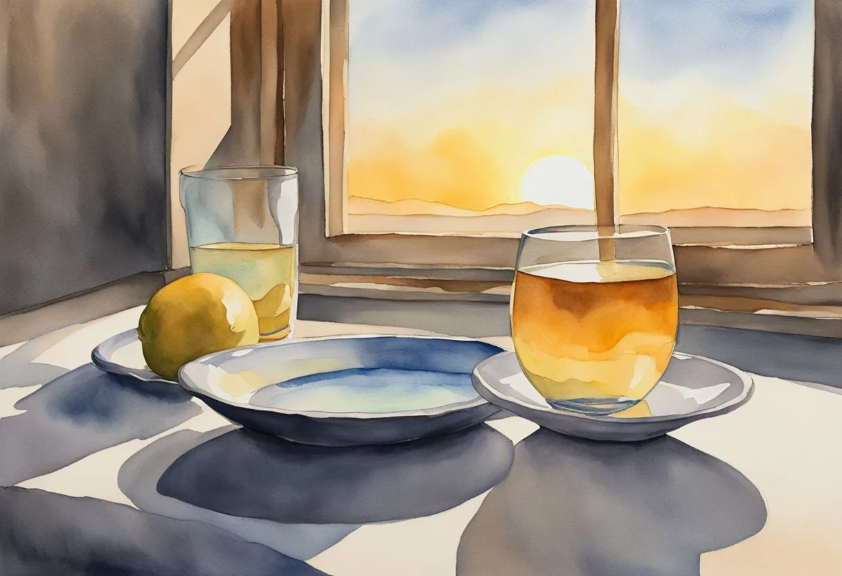 The sun rises and sets, casting shadows on an empty plate and glass of water. The body's energy stores are depleted, and the stomach grumbles in hunger