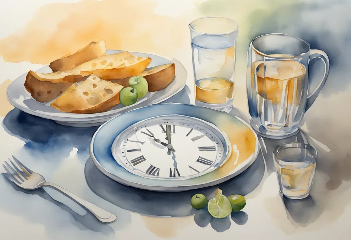 The scene depicts a clock showing 24 hours, an empty plate, a glass of water, and a fading energy bar, symbolizing the potential risks and considerations of fasting