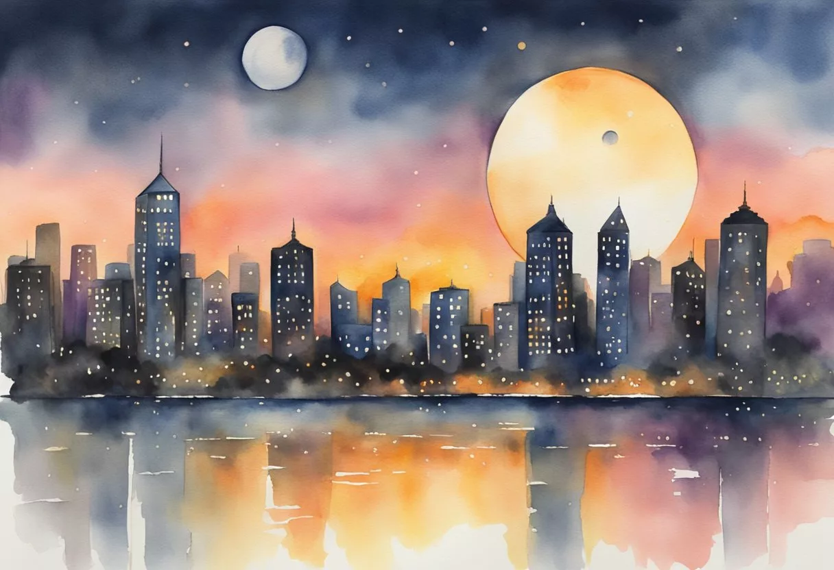 The sun sets behind a city skyline as the moon rises, signaling the start of a 24-hour fast. The body enters a state of ketosis, burning stored fat for energy