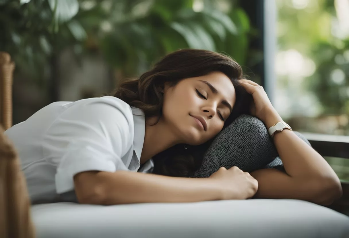 A person sleeping on their left side with a relaxed posture, facing toward the left, with a peaceful expression