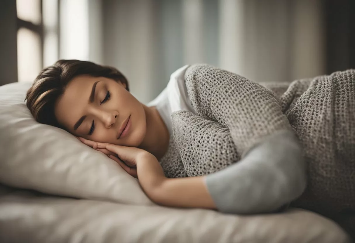 A pregnant woman sleeping on her left side, with a slight tilt to her body and a relaxed expression on her face