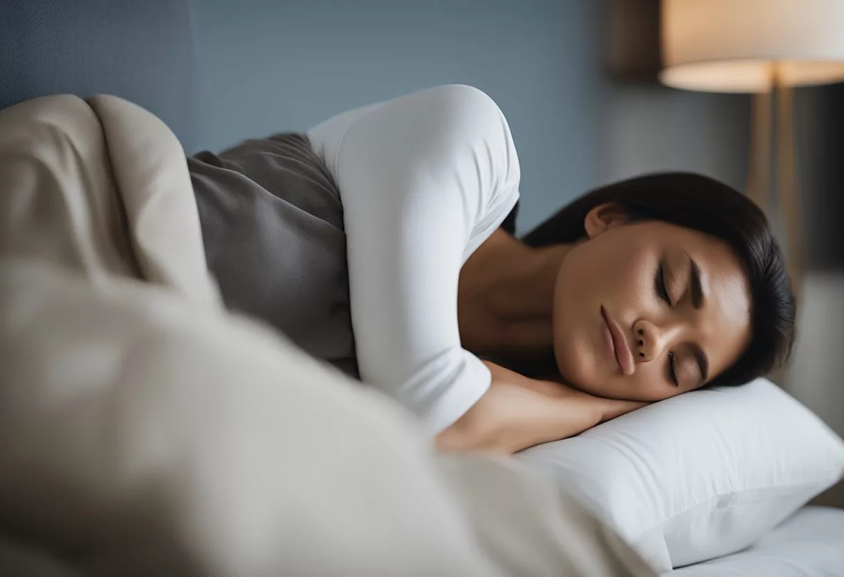 A person sleeping on their left side, with a pillow between their legs for support. Their body is in a relaxed and slightly curved position, with their head resting on a soft pillow