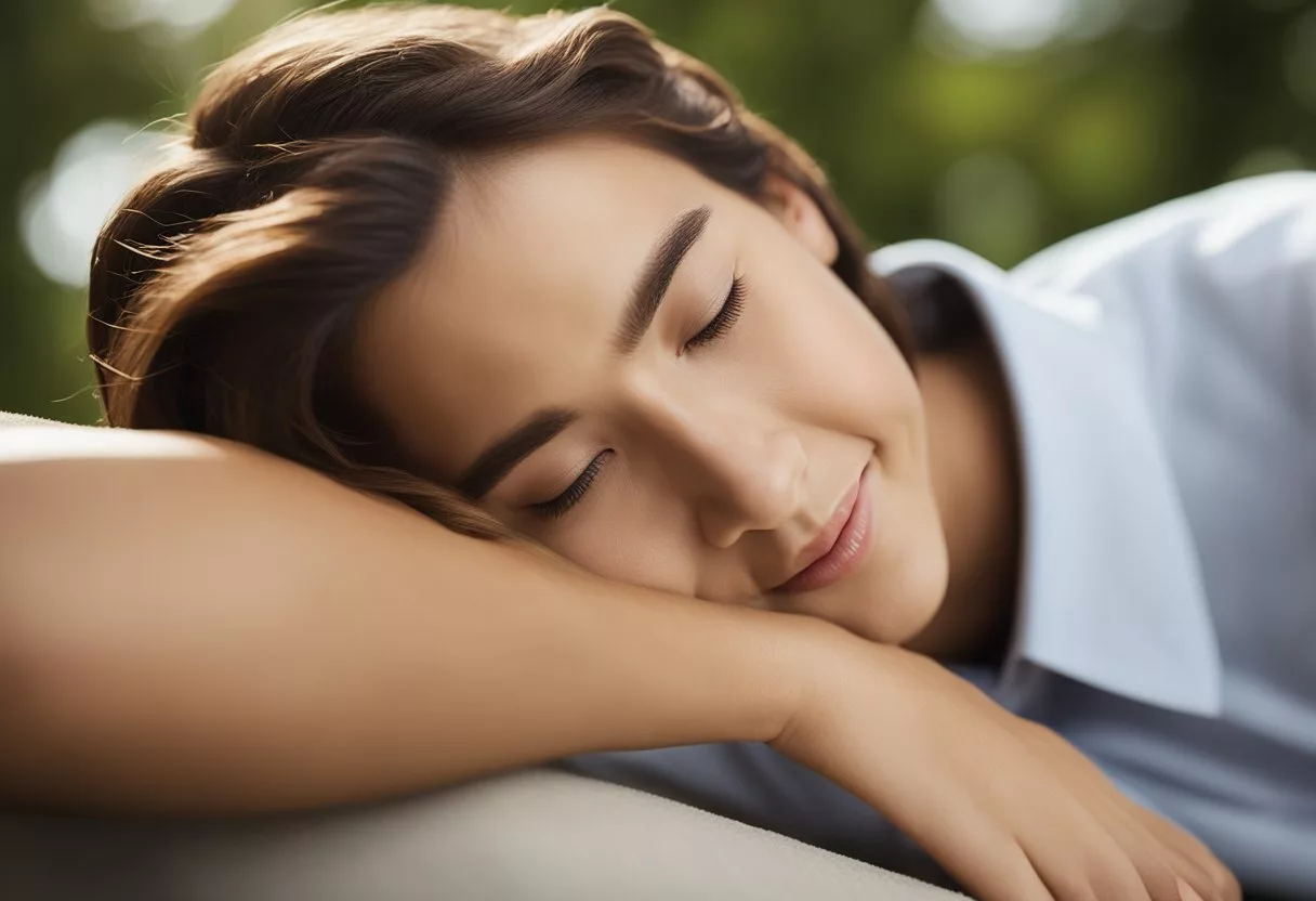 A person lying on their left side with a serene expression, surrounded by a calm and peaceful environment