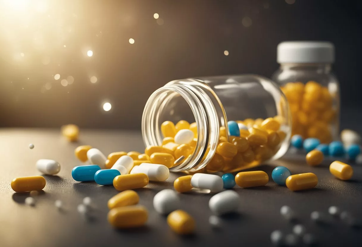 A bottle of vitamins spills onto a table, with pills rolling out and scattering across the surface. A beam of light highlights the scattered pills