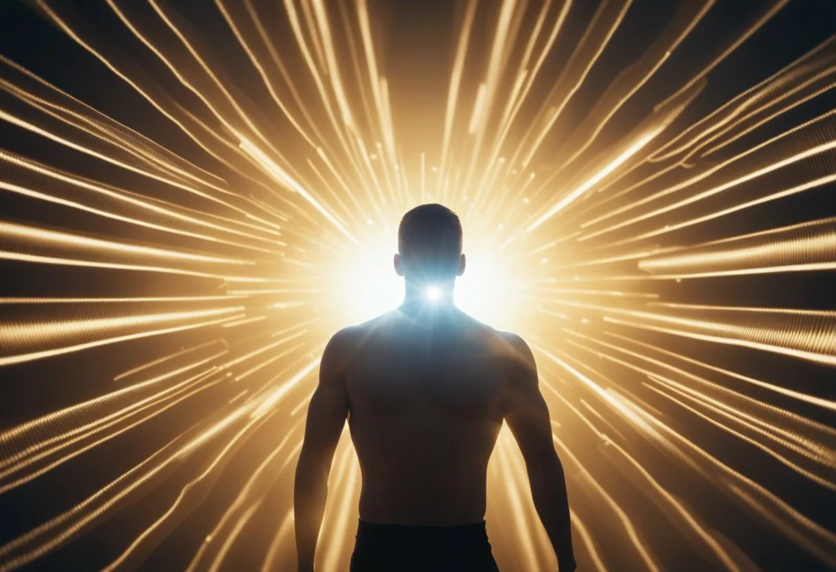 A person's body becomes surrounded by a glow as they start taking vitamins, with beams of light radiating outwards and filling the surrounding space