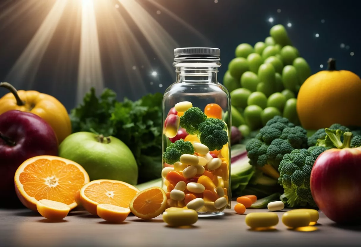 A bottle of vitamins spills onto a table, surrounded by various fruits and vegetables. A glowing aura emanates from the pills, with rays of light extending outward