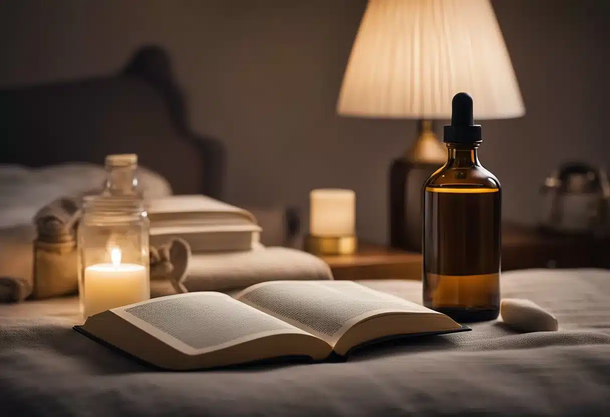 A peaceful night scene with a bottle of Withania Somnifera supplement on a bedside table, surrounded by calming elements like a book, a dim lamp, and a cozy blanket