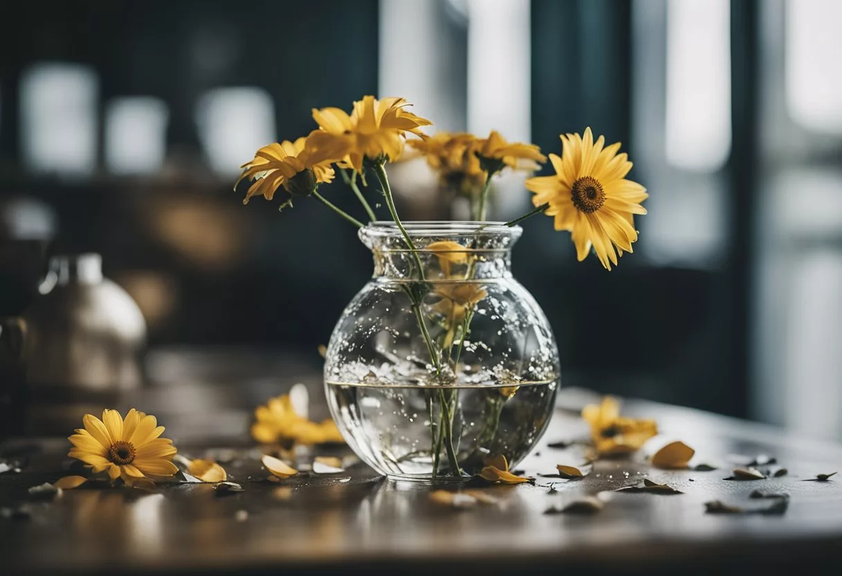 A wilted flower in a cracked vase, surrounded by scattered petals and tear stains on a table