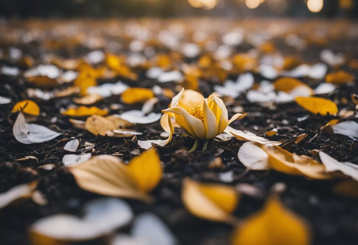 A wilted flower lying on the ground, surrounded by fallen petals and drooping leaves, symbolizing the emotional and physical impact of heartbreak