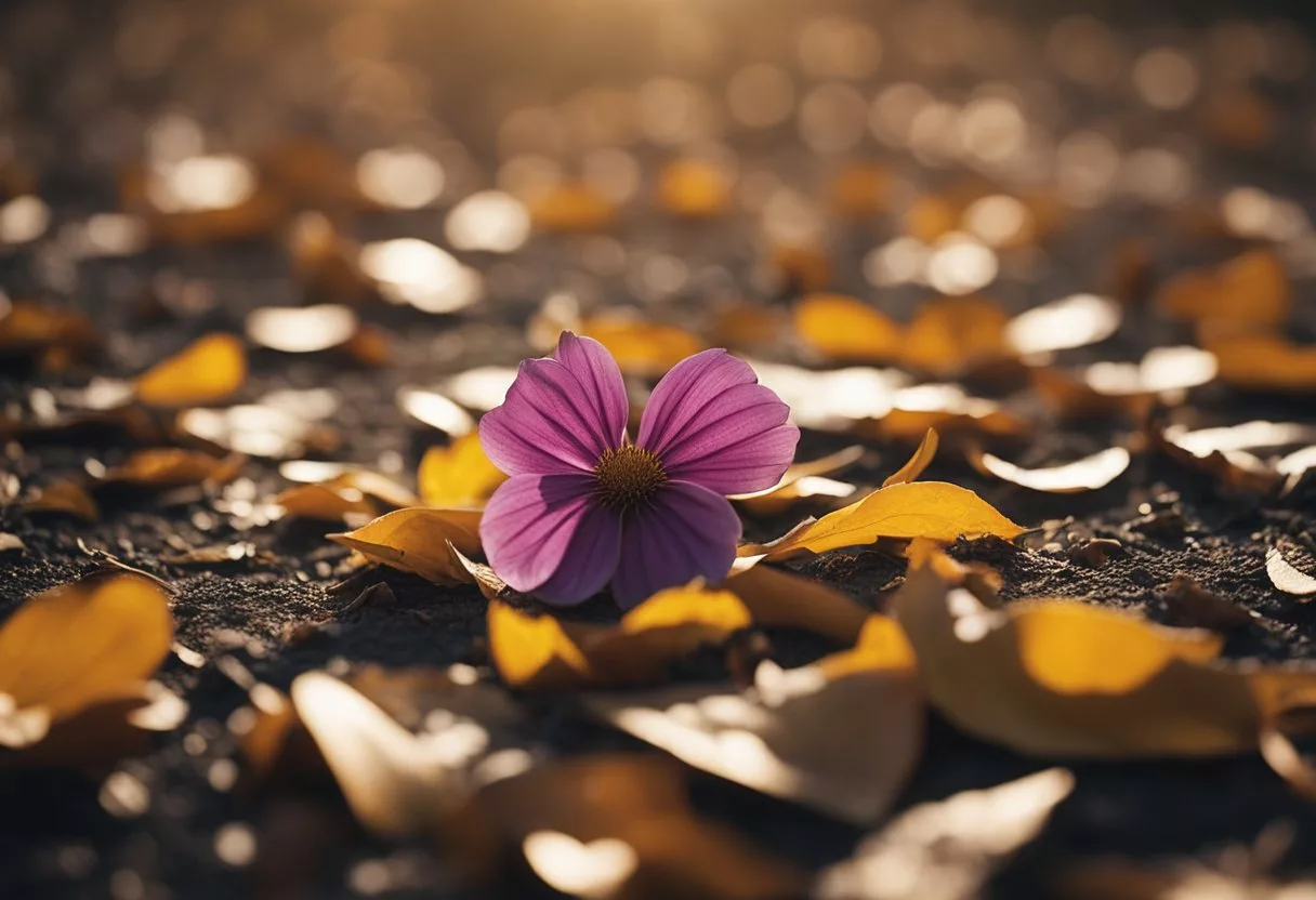 A wilted flower lying on the ground, surrounded by fallen petals and drooping leaves, symbolizing the physical and emotional effects of heartbreak