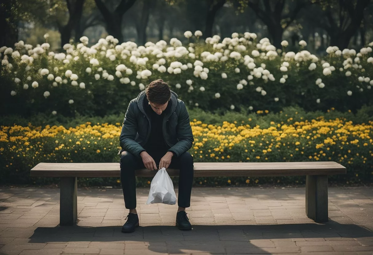 A person sitting alone on a park bench, head in hands, surrounded by wilted flowers and empty tissue packets