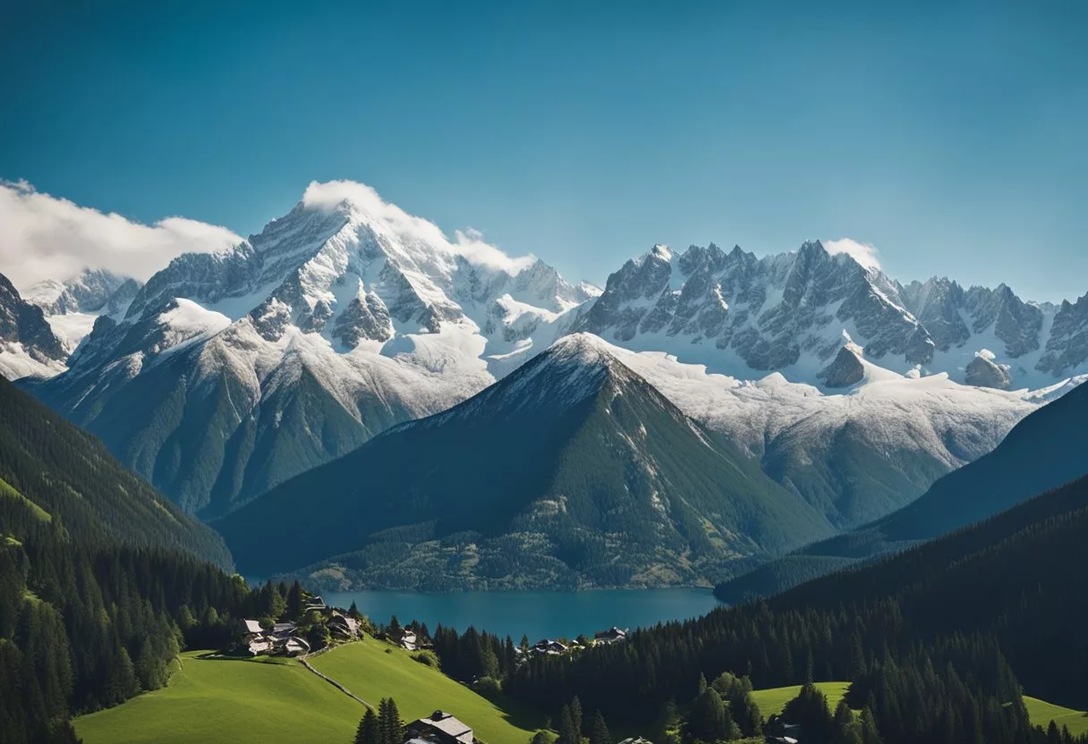 A serene mountain landscape with snow-capped peaks and a clear blue sky. A small alpine village nestled in the valley below, surrounded by lush greenery