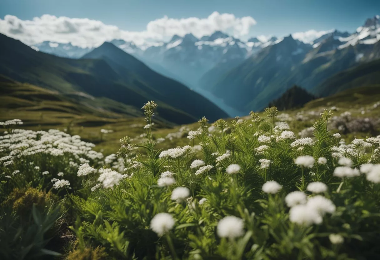 A serene mountain landscape with alpine herbs and plants, showcasing their key ingredients and benefits