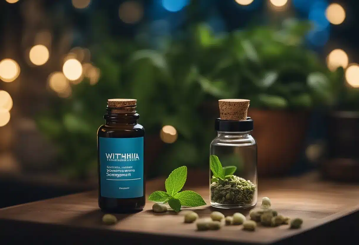 A serene night scene with a bottle of Withania somnífera supplement, surrounded by traditional Ayurvedic herbs and modern sleep aids