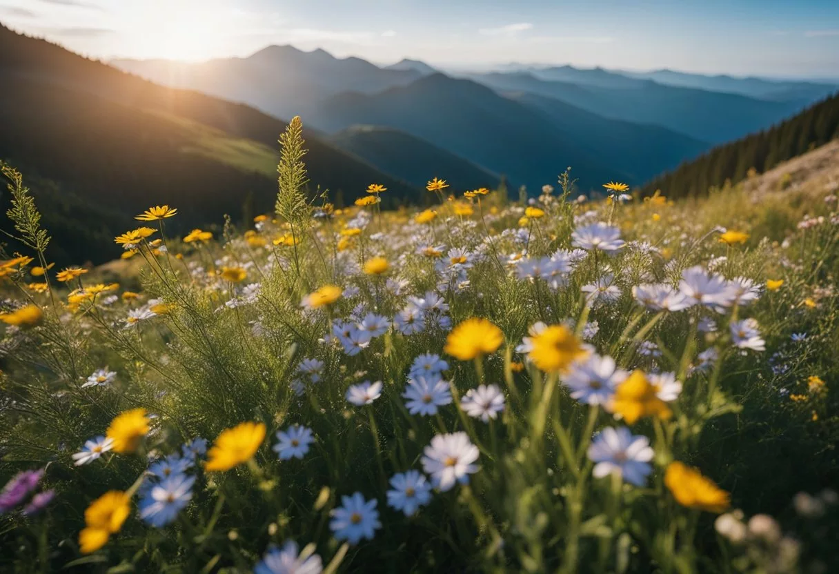 A serene mountain landscape with vibrant wildflowers and a clear blue sky, evoking a sense of peace and vitality