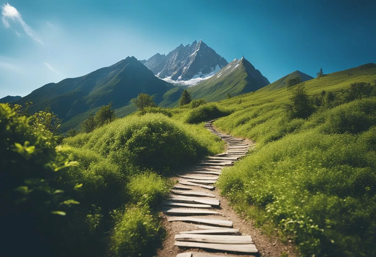 A mountain landscape with a winding trail leading to a peak, surrounded by vibrant greenery and a clear blue sky