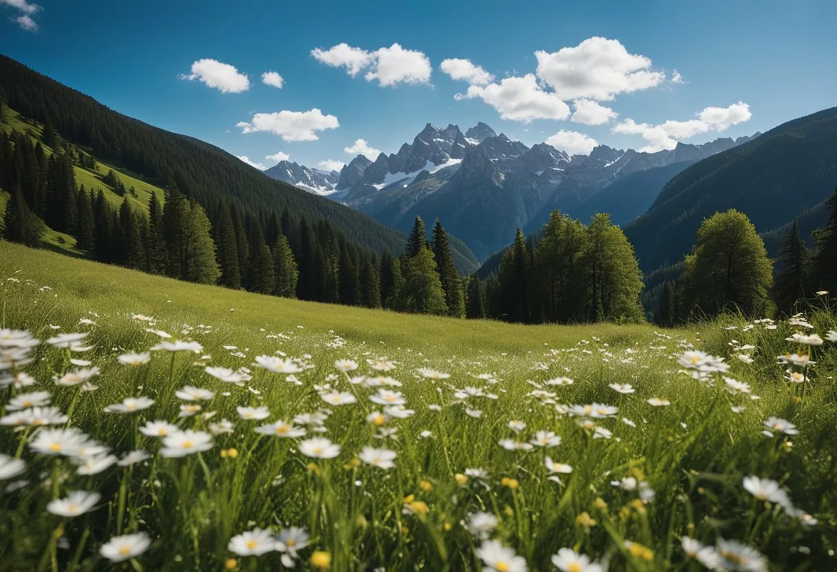 A serene mountain landscape with a clear blue sky and a peaceful alpine meadow, showcasing the safety and natural qualities of Alpilean