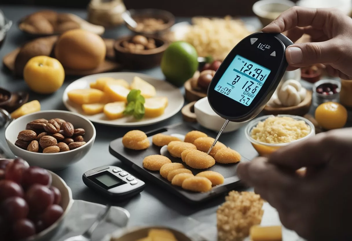 A table with various food items categorized by their glycemic index values, a person checking their blood sugar levels with a glucometer, and a nutritionist providing advice