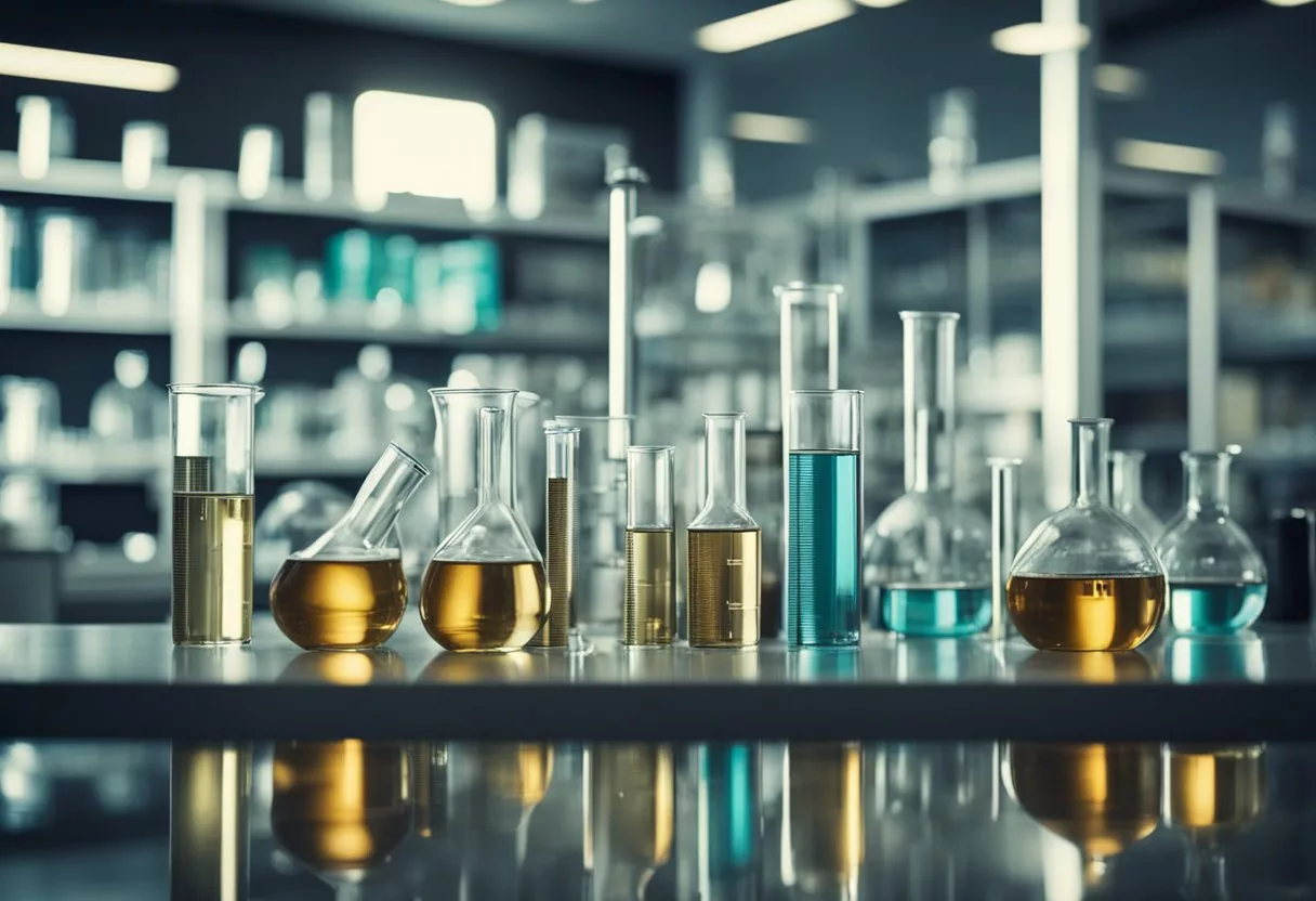 A laboratory setting with various scientific equipment, including beakers, test tubes, and microscopes. Charts and graphs on the wall display data related to glycemic index research