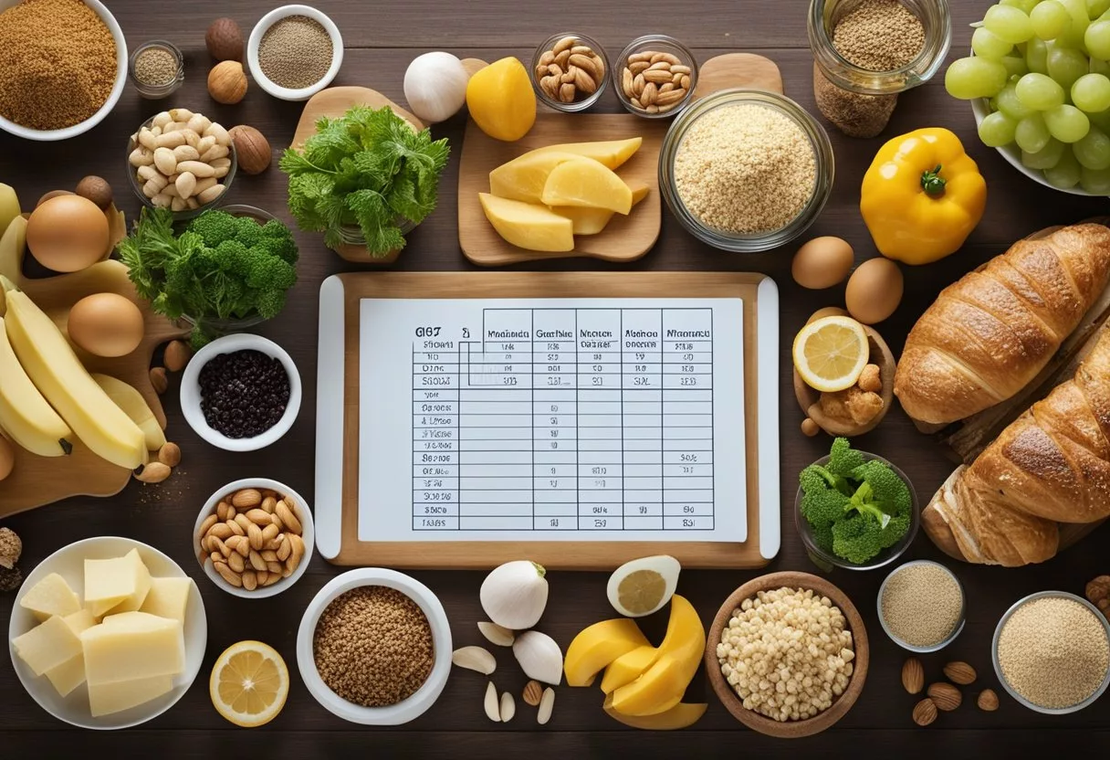 A table with various foods labeled with their respective GI values. A graph plotting GI values on the x-axis and time on the y-axis