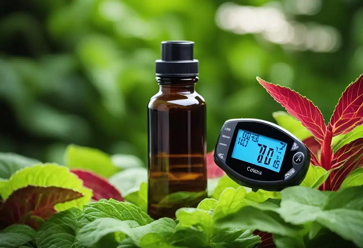 A colorful bottle of coleus supplement surrounded by fresh green leaves and a blood glucose monitor, symbolizing the health benefits beyond diabetes