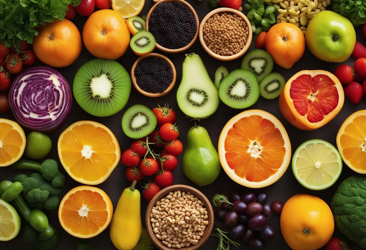 A colorful array of fruits, vegetables, grains, and legumes arranged in a spectrum of colors and textures, with a focus on whole, unprocessed foods