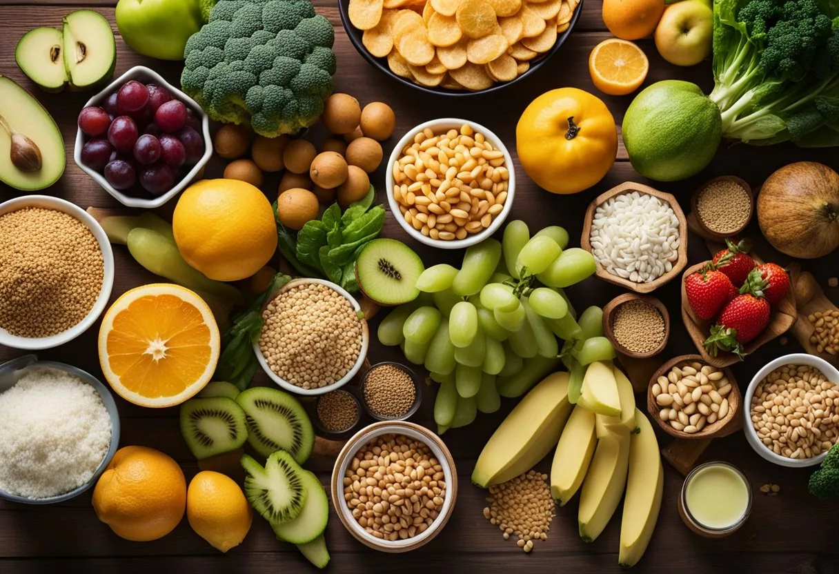 A variety of foods with different glycemic index values arranged on a table, including fruits, vegetables, grains, and processed snacks