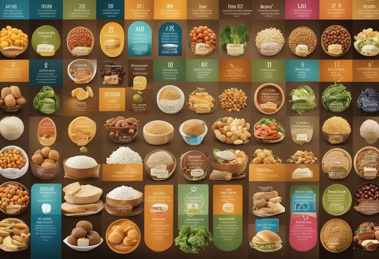 A variety of foods arranged in a spectrum from low to high glycemic index values, with corresponding labels or symbols for each food item