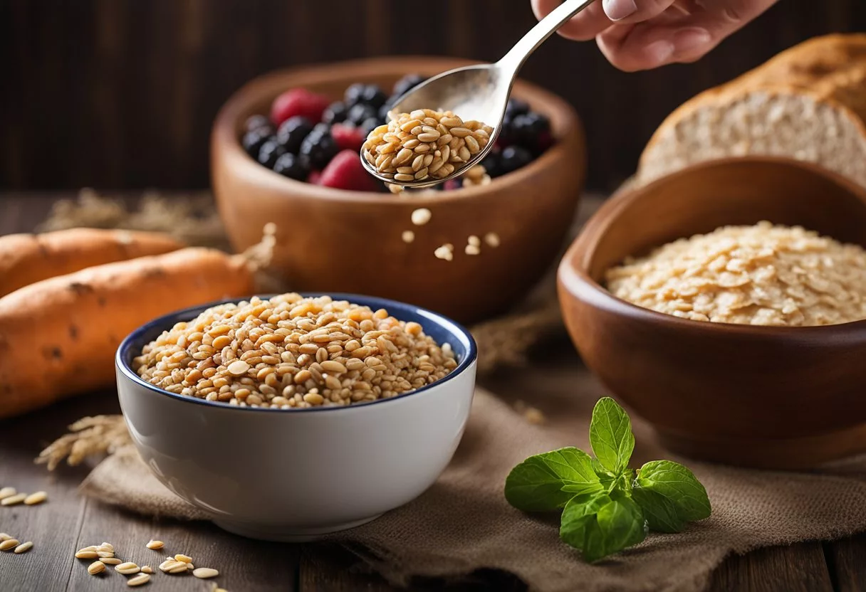 A table set with whole grain bread, sweet potatoes, and quinoa. A measuring cup pouring lentils into a pot. A bowl of oatmeal with berries