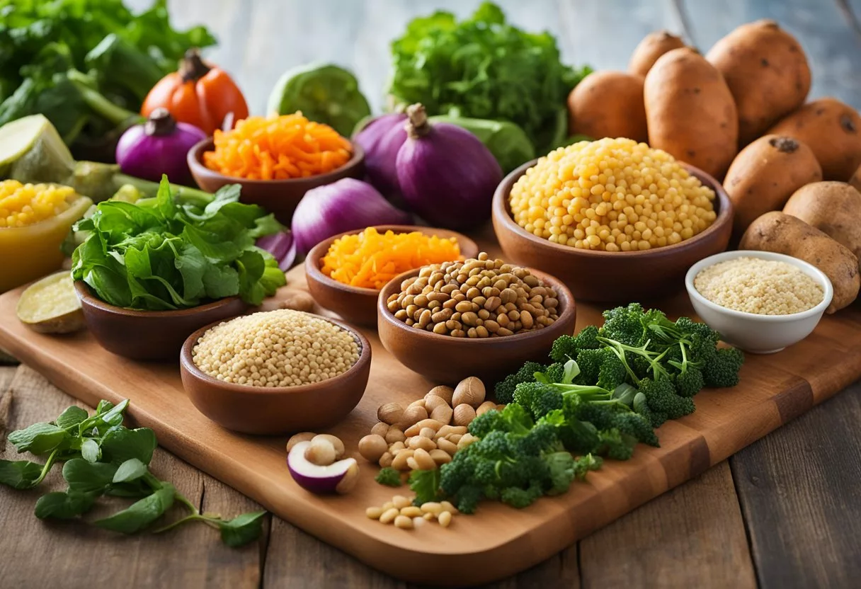 A variety of starchy foods such as sweet potatoes, quinoa, and lentils arranged on a wooden cutting board with colorful vegetables in the background