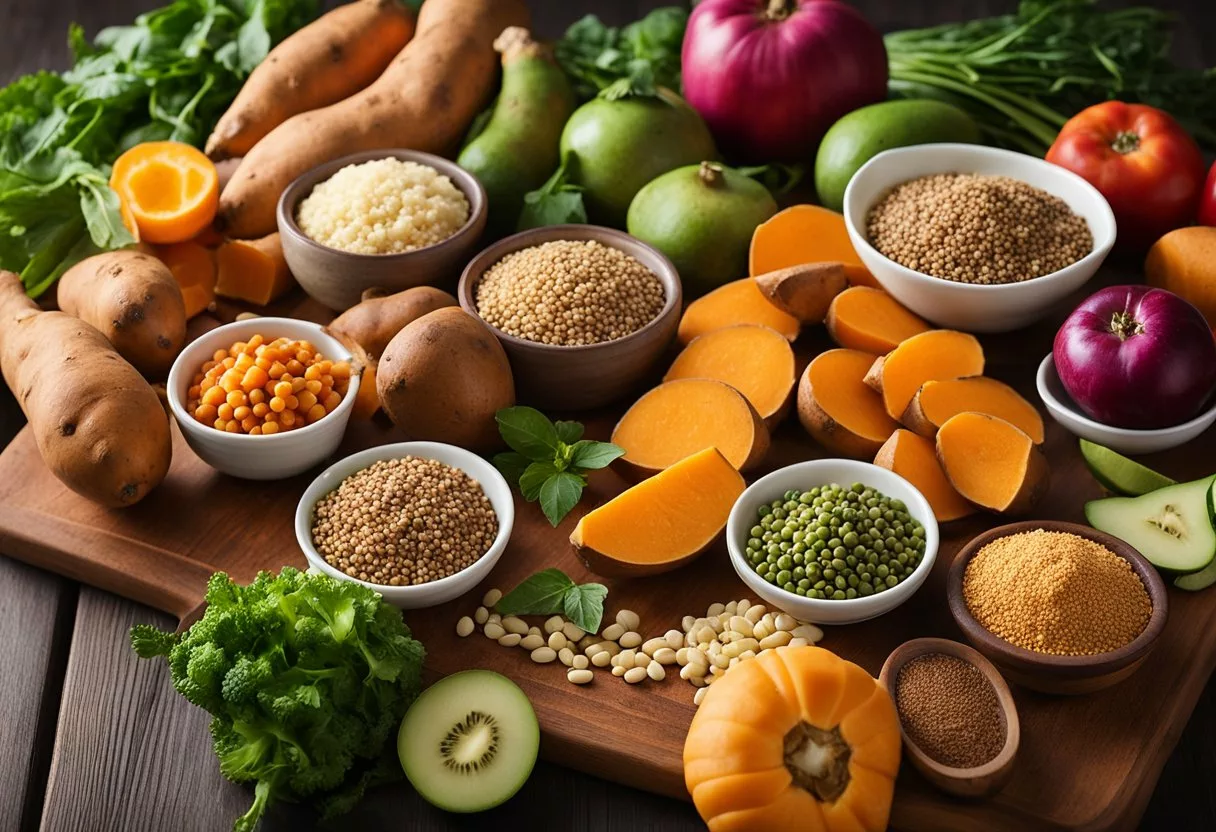 A colorful array of starchy foods such as sweet potatoes, quinoa, and lentils arranged on a wooden cutting board, surrounded by vibrant fruits and vegetables