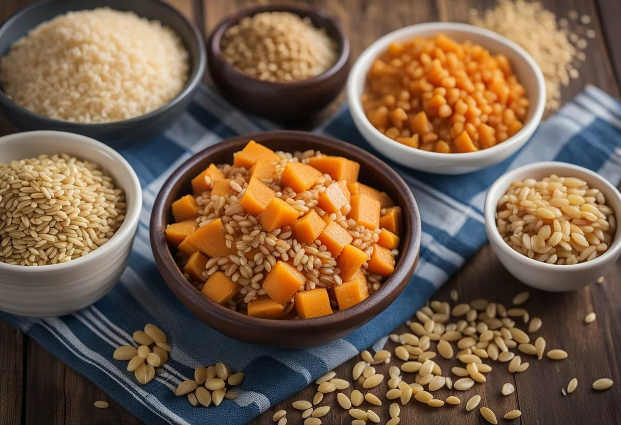 A table with various starchy foods - sweet potatoes, quinoa, lentils, and brown rice. A scale and a glycemic index chart nearby