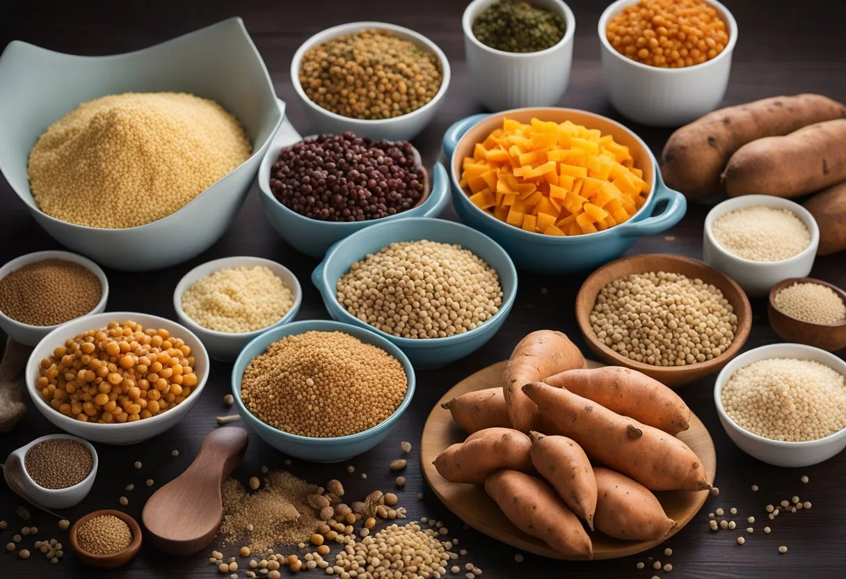 A table with various starchy foods like sweet potatoes, quinoa, and lentils, along with their corresponding low glycemic index values