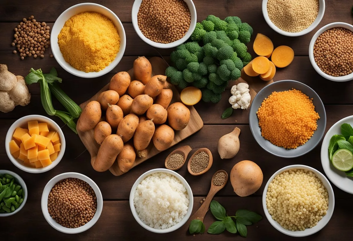 A table with a variety of starchy foods like sweet potatoes, quinoa, and lentils, alongside their low glycemic index alternatives such as cauliflower rice and zucchini noodles