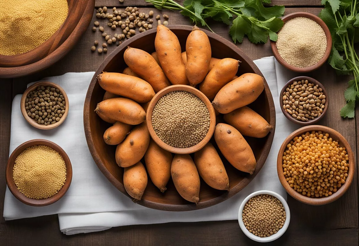 A variety of starchy foods such as sweet potatoes, lentils, and quinoa arranged on a wooden table with a glycemic index chart in the background