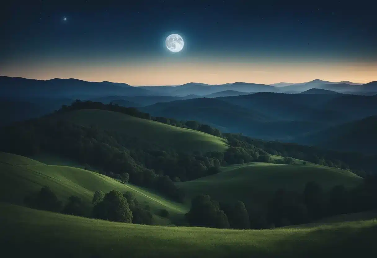 A serene night sky with a full moon shining down on a peaceful landscape of rolling hills and a tranquil forest, evoking a sense of deep sleep and relaxation