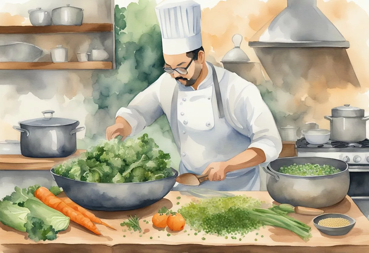 A chef stirring a pot of steamed vegetables with a variety of low-GI ingredients such as lentils, quinoa, and leafy greens on a wooden cutting board