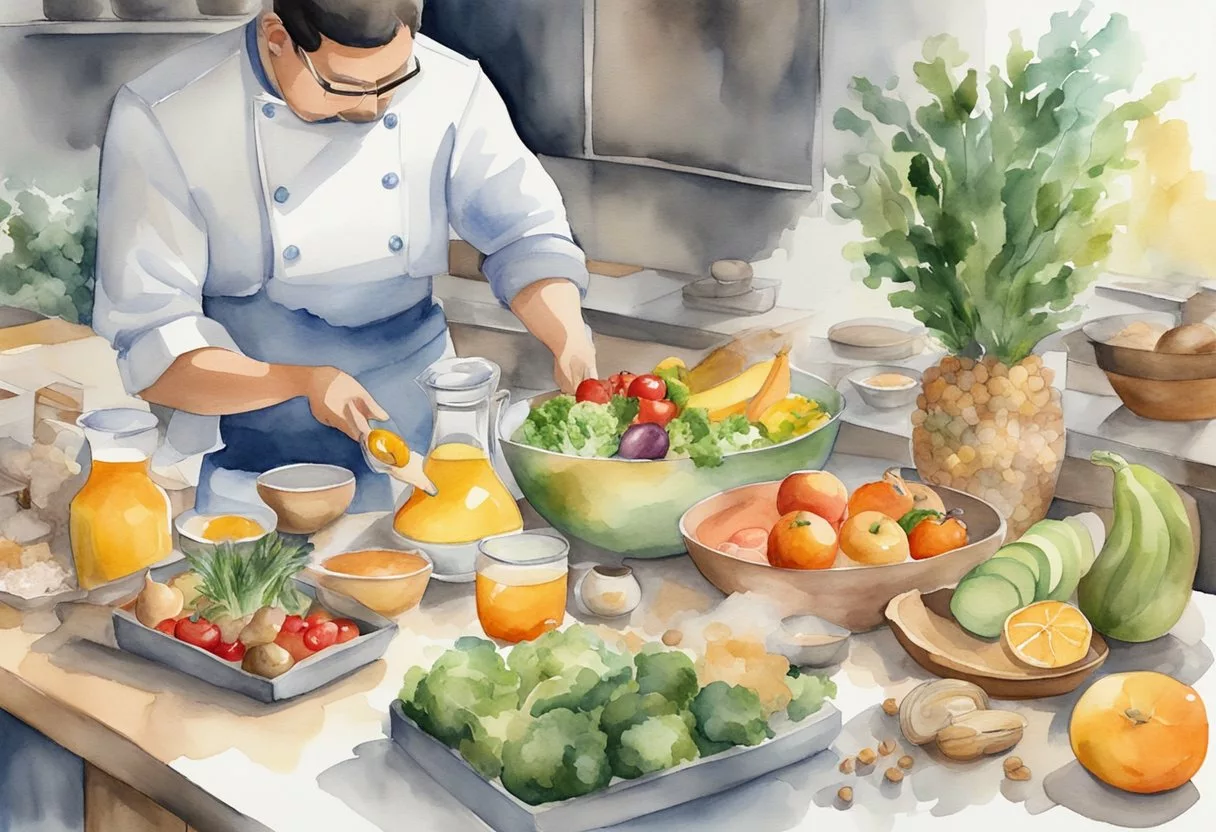 A table with various food items, including fruits, vegetables, and whole grains. A chef is cooking and preparing the foods using methods such as steaming, boiling, and grilling to lower the glycemic index