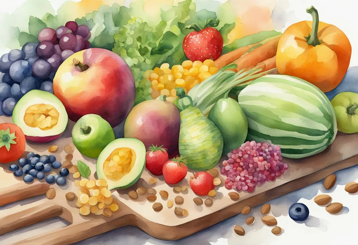 A spread of colorful, fresh fruits and vegetables on a cutting board, with a variety of whole grains and legumes in the background