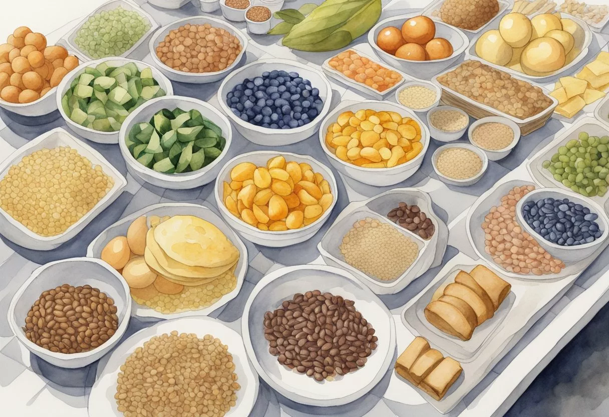 A table with various foods arranged in rows, each labeled with their respective glycemic indices. A chef adding ingredients like beans and whole grains to lower the glycemic index of a dish