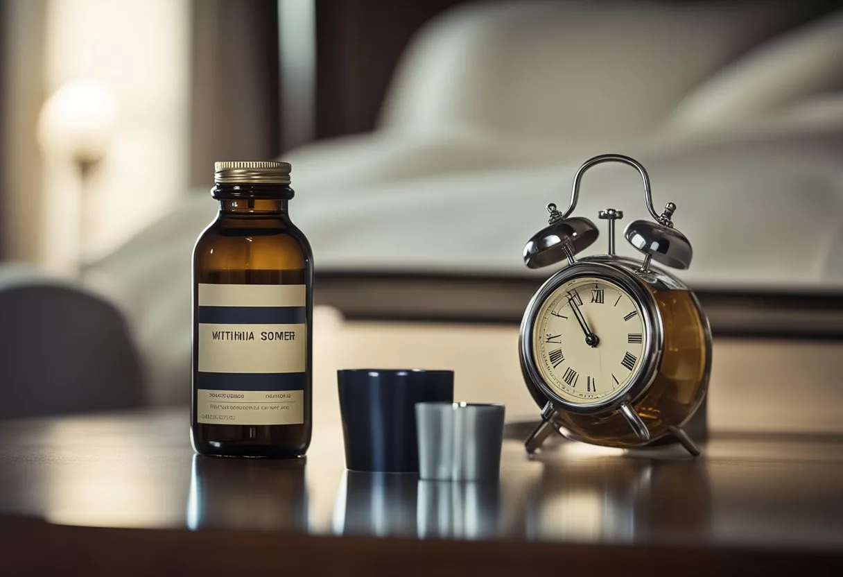 A bottle of withania somnífera supplement sits on a bedside table, next to a glass of water. A clock on the wall shows the time as late at night