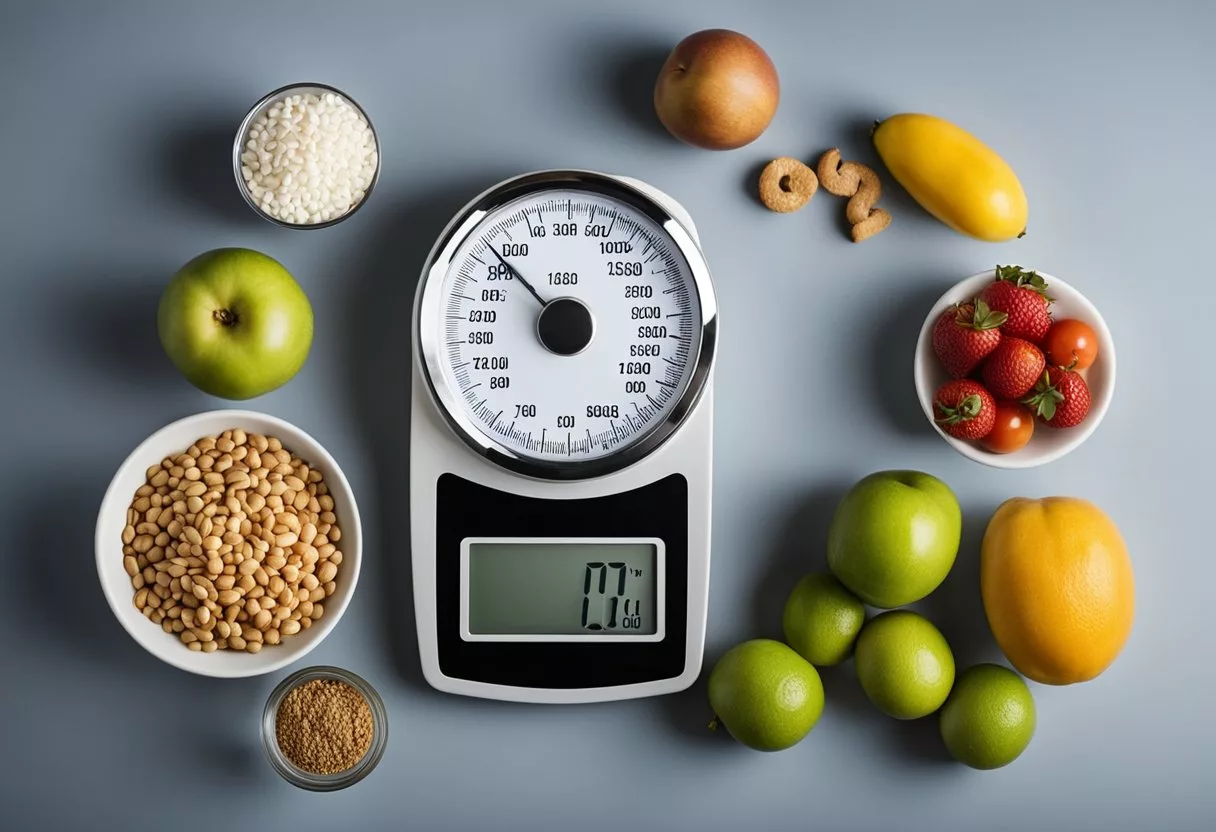 A scale with various food items, a blood glucose monitor, and a chart showing low to high glycemic index levels