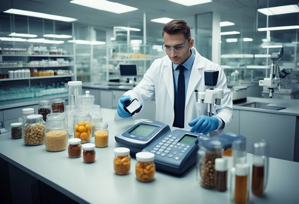 A laboratory setup with various food samples, a blood glucose monitor, and researchers analyzing data for glycemic index measurement