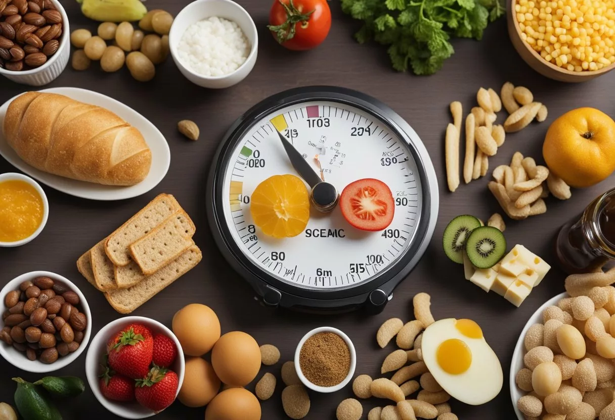 A table with various foods arranged by their glycemic index values, a scale or measurement tool, and a person recording data