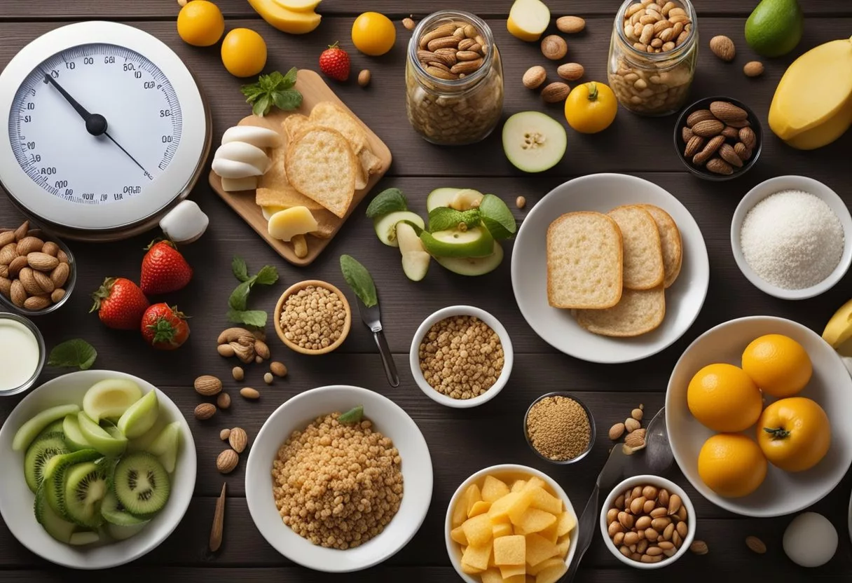 A table with various food items arranged in rows, with a scale and measuring tools nearby to indicate the process of measuring glycemic index