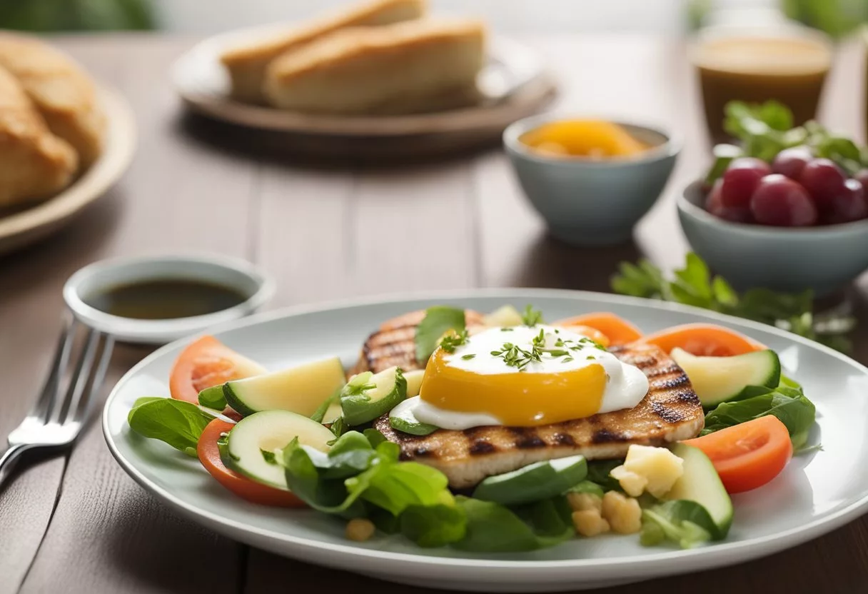 A plate with a balanced meal including low and high glycemic index foods, next to a runner crossing the finish line