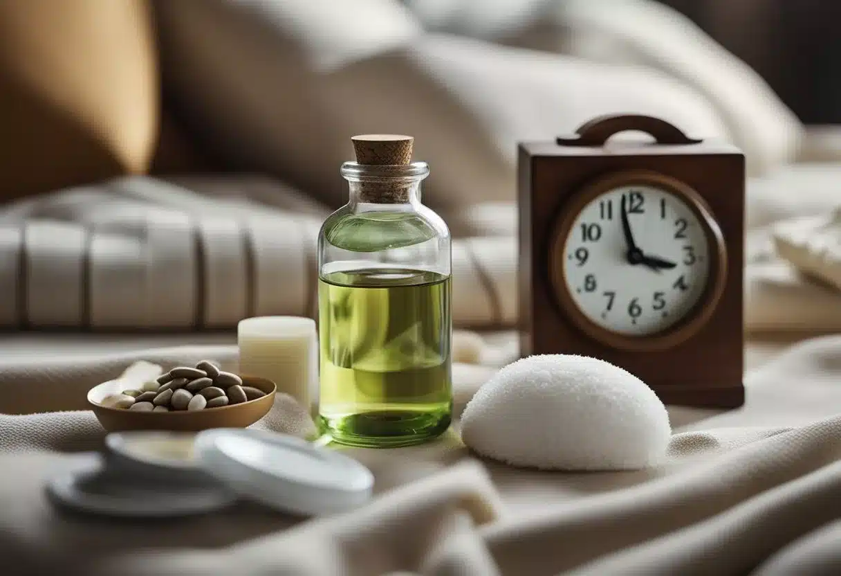 A bottle of Withania somnífera supplement surrounded by sleep-related objects like a pillow, blanket, and a clock