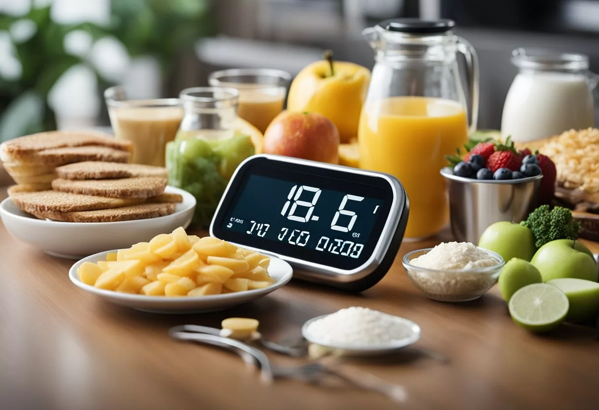 A table with various foods categorized by their glycemic index values, surrounded by athletic equipment and a stopwatch